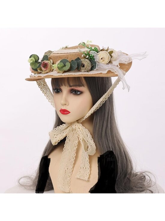 Elegant Victorian Tea Party Sun Hat with Bows & Florals - Stylish Flat Straw Hat